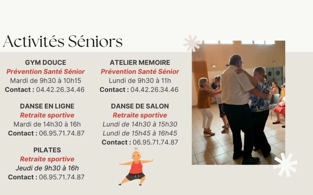 Activités Seniors au Centre Social. Gym, atelier mémoire, danse de salon, danse en ligne, pilates.