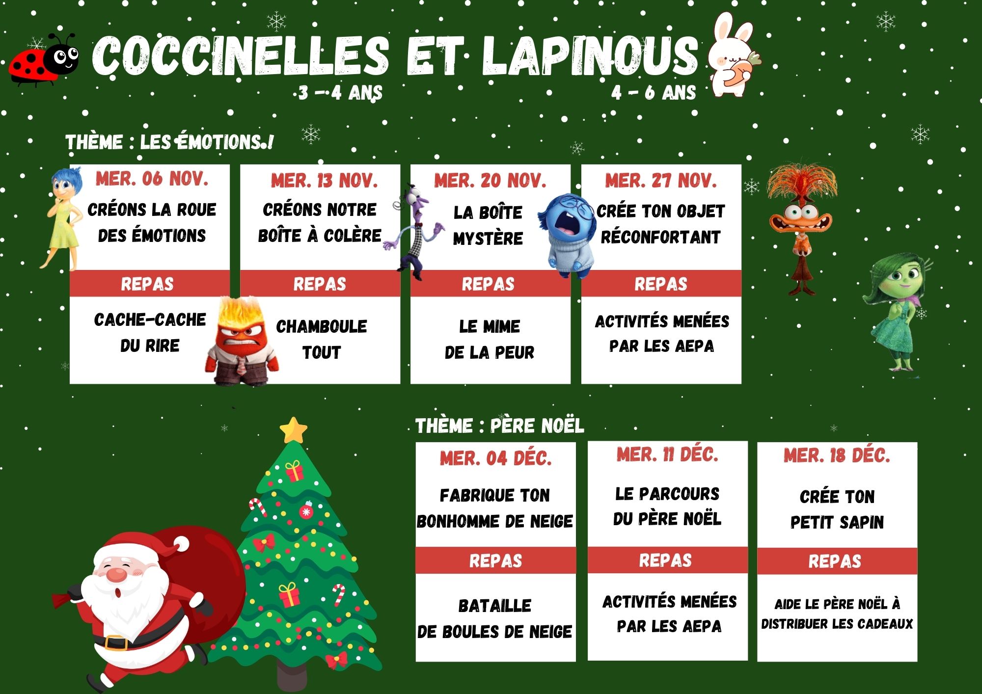 planning d'activités des mercredis de novembre et décembre