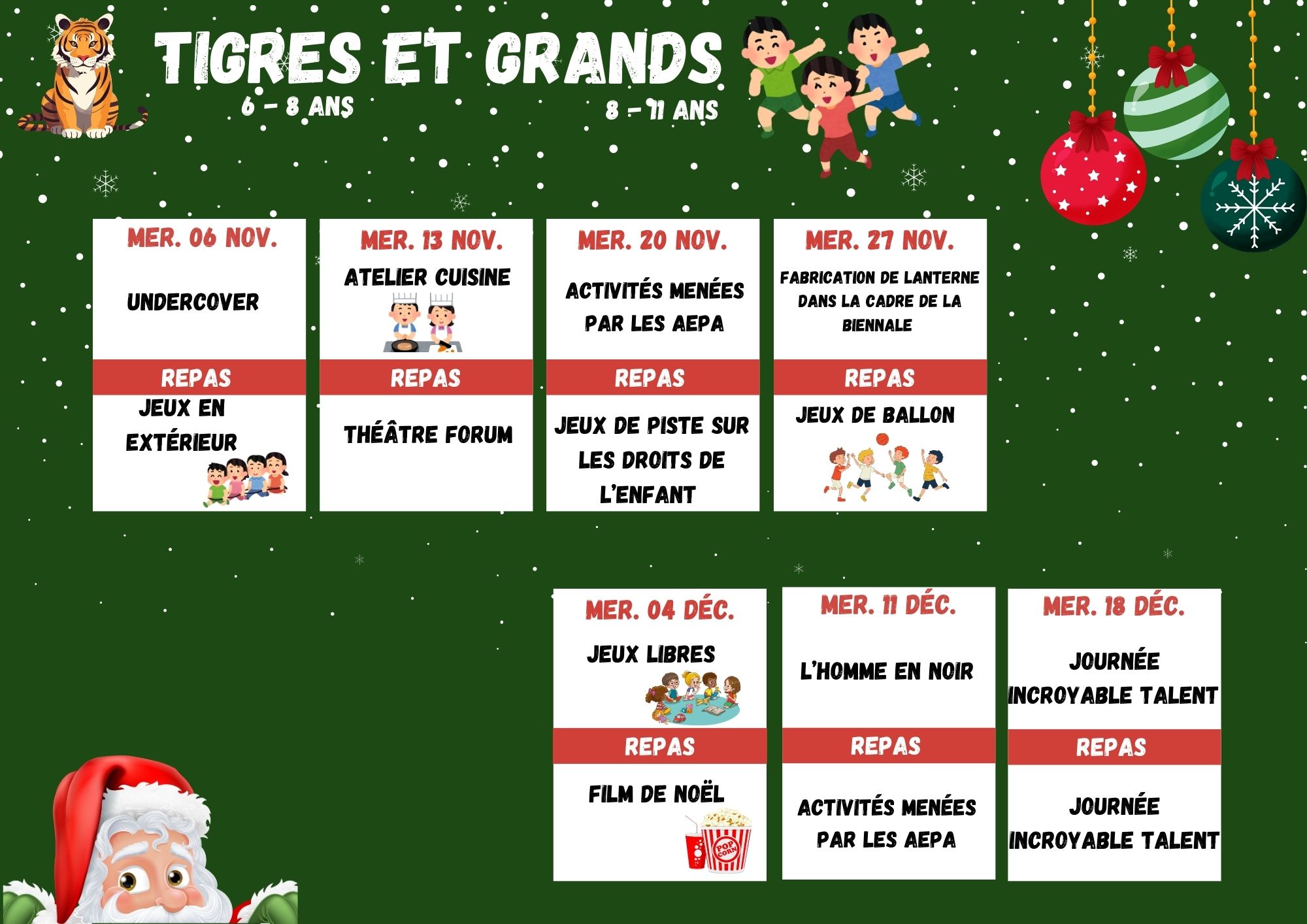 planning d'activités des mercredis de novembre et décembre