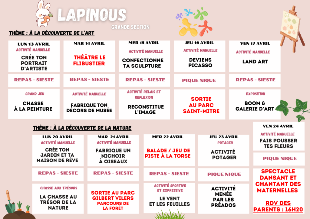 programme d'activités centre de loisirs vacances de printemps