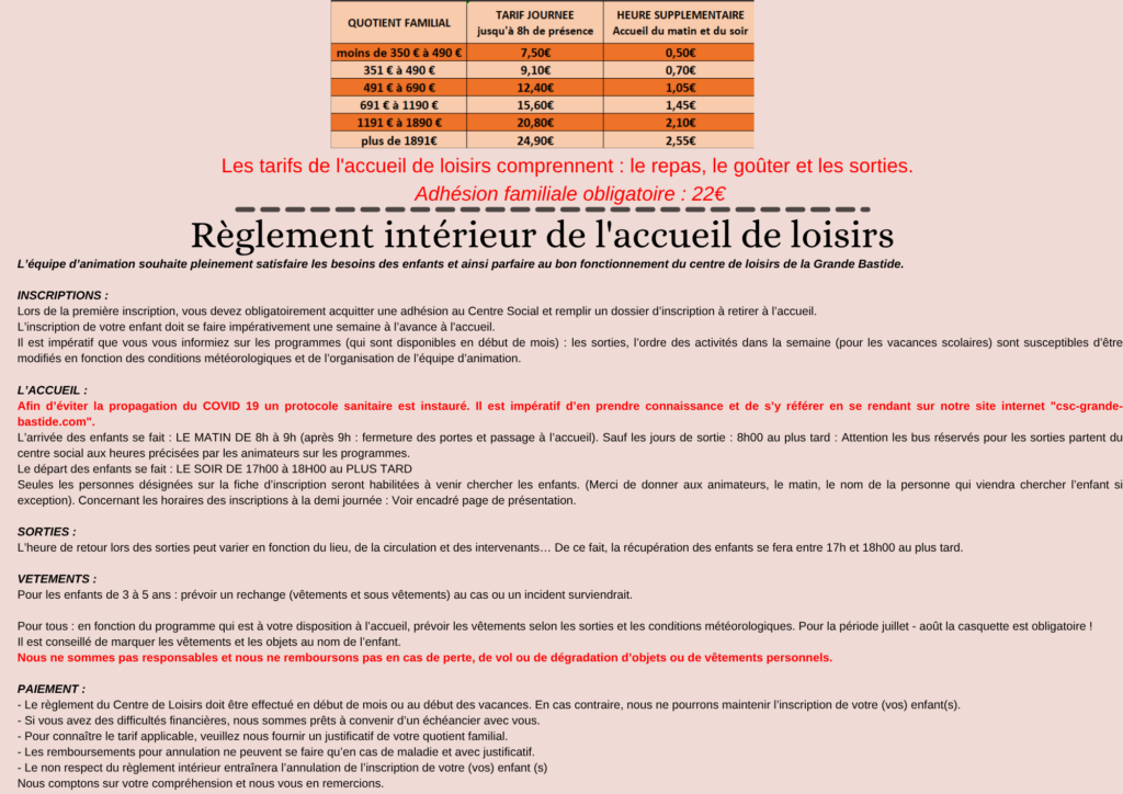 Règlement intérieur du centre de loisirs ALSH